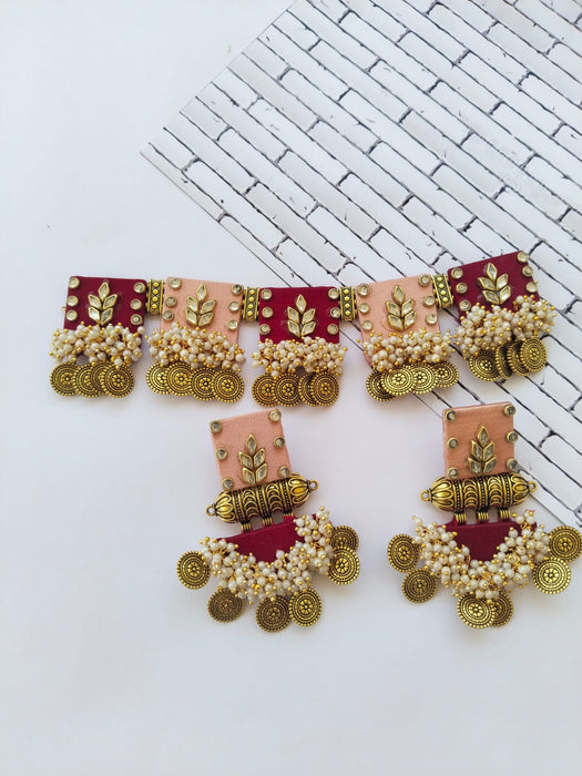 Pink And Maroon Coin Heavy Choker Set With Earrings