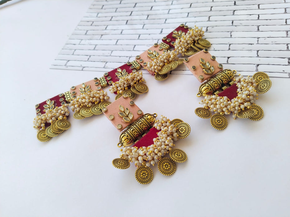 Pink And Maroon Coin Heavy Choker Set With Earrings