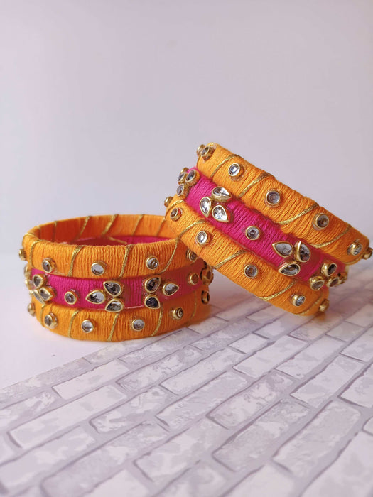 Pink And Orange Kundan Beads Bangles Set Of 6