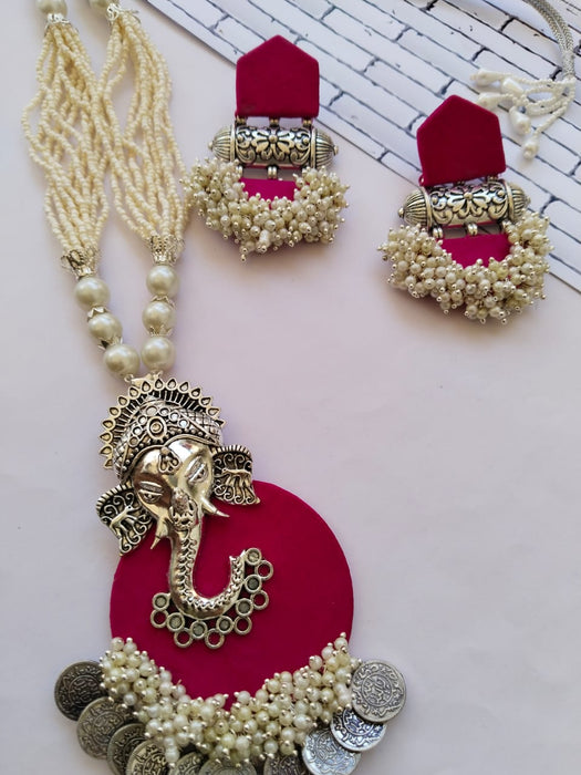 Pink And Silver Ganpati Necklace Earrings Beads Set