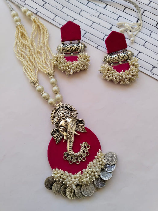 Pink And Silver Ganpati Necklace Earrings Beads Set