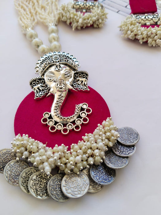 Pink And Silver Ganpati Necklace Earrings Beads Set