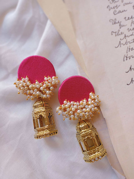 Pink Beaded Earrings With Golden Temple Bottom