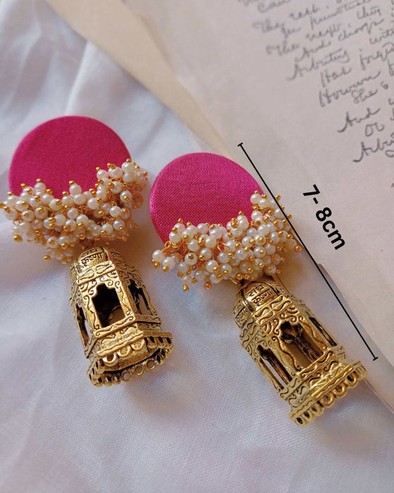 Pink Beaded Earrings With Golden Temple Bottom