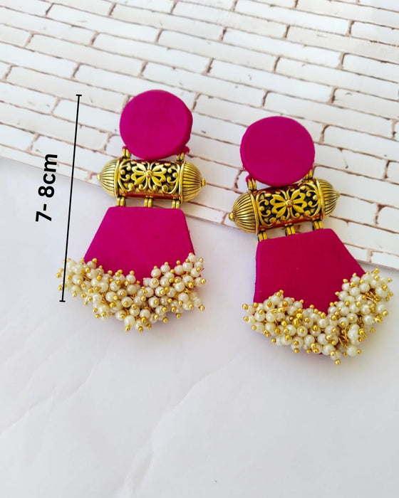 Pink And Golden Beaded Long Jhumka Earrings