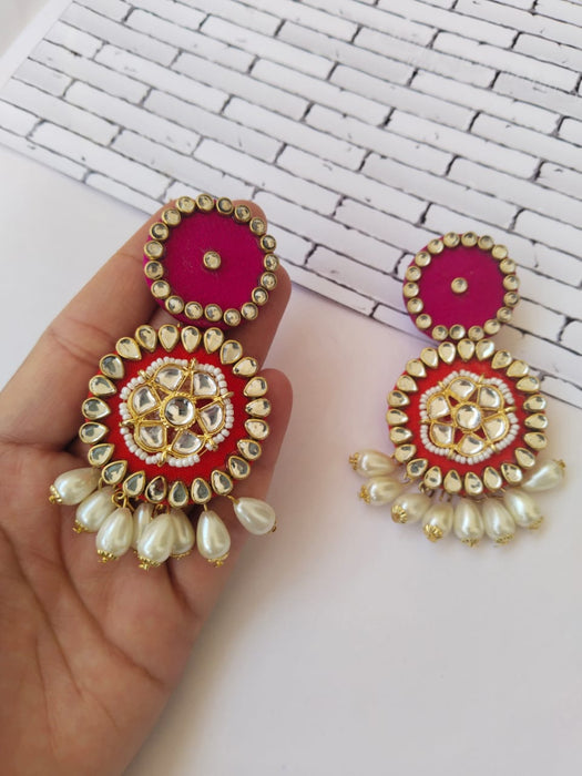 Pink Kundan Pearl Earrings