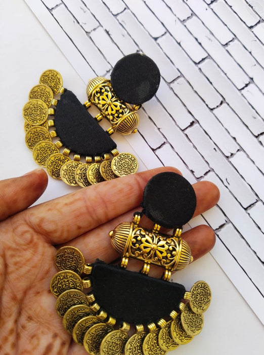 Plain Black And Gold Coins Jhumka Earrings