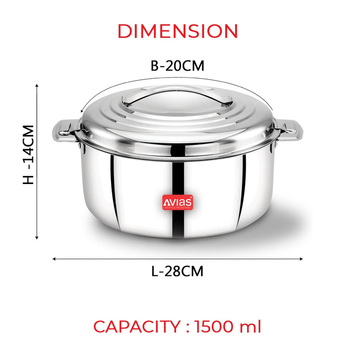 Platina Premium Double Wall Insulated Stainless Steel Casserole/ Hotpot/ Chapati Box/ Hot Case With Steel Lid | Retains Temperature | Twist Lock | 1000Ml /1500Ml / 2500Ml/3500/5000/7500 - Silver