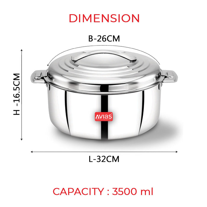 Platina Premium Double Wall Insulated Stainless Steel Casserole/ Hotpot/ Chapati Box/ Hot Case With Steel Lid | Retains Temperature | Twist Lock | 1000Ml /1500Ml / 2500Ml/3500/5000/7500 - Silver