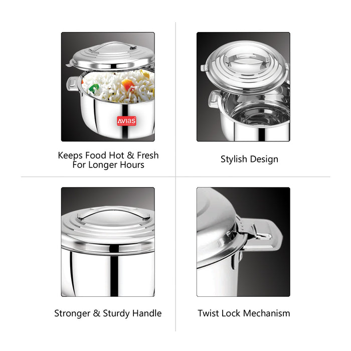 Platina Premium Double Wall Insulated Stainless Steel Casserole/ Hotpot/ Chapati Box/ Hot Case With Steel Lid | Retains Temperature | Twist Lock | 1000Ml /1500Ml / 2500Ml/3500/5000/7500 - Silver