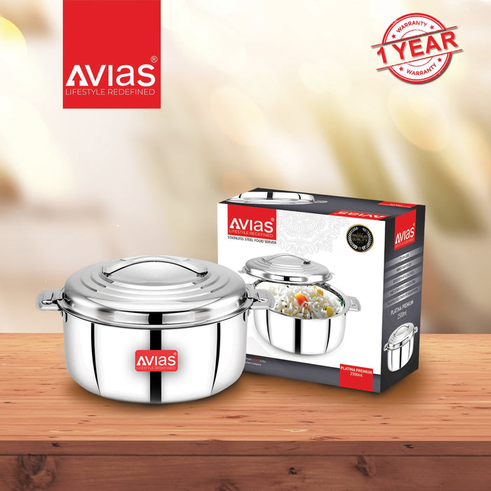 Platina Premium Double Wall Insulated Stainless Steel Casserole/ Hotpot/ Chapati Box/ Hot Case With Steel Lid | Retains Temperature | Twist Lock | 1000Ml /1500Ml / 2500Ml/3500/5000/7500 - Silver