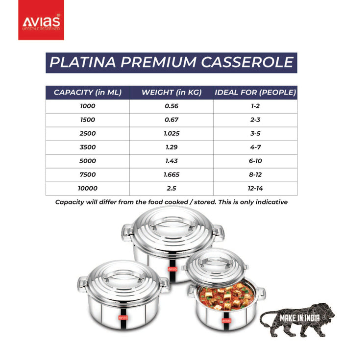 Platina Premium Double Wall Insulated Stainless Steel Casserole/ Hotpot/ Chapati Box/ Hot Case With Steel Lid | Retains Temperature | Twist Lock | 1000Ml /1500Ml / 2500Ml/3500/5000/7500 - Silver