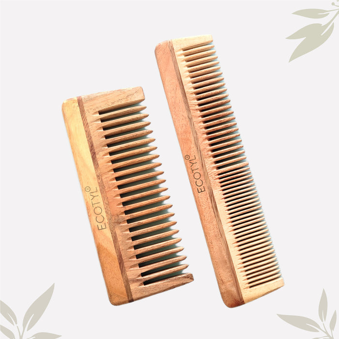 Neem Wood Comb Combo - Detangling Comb & Shampoo Comb | Gentle On Hair | Prevents Dandruff | Set Of 2