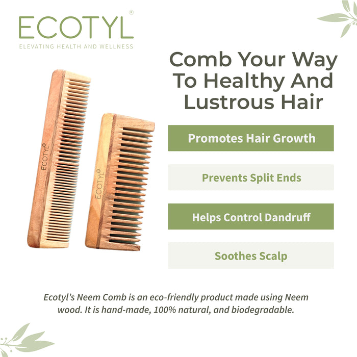 Neem Wood Comb Combo - Detangling Comb & Shampoo Comb | Gentle On Hair | Prevents Dandruff | Set Of 2