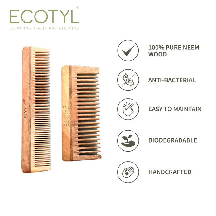 Neem Wood Comb Combo - Detangling Comb & Shampoo Comb | Gentle On Hair | Prevents Dandruff | Set Of 2