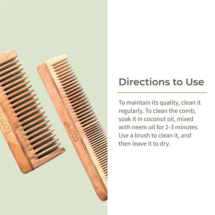 Neem Wood Comb Combo - Detangling Comb & Shampoo Comb | Gentle On Hair | Prevents Dandruff | Set Of 2