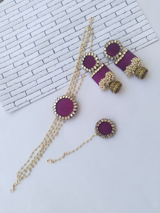 Wine Purple Golden Choker Earrings And Mangtika Set