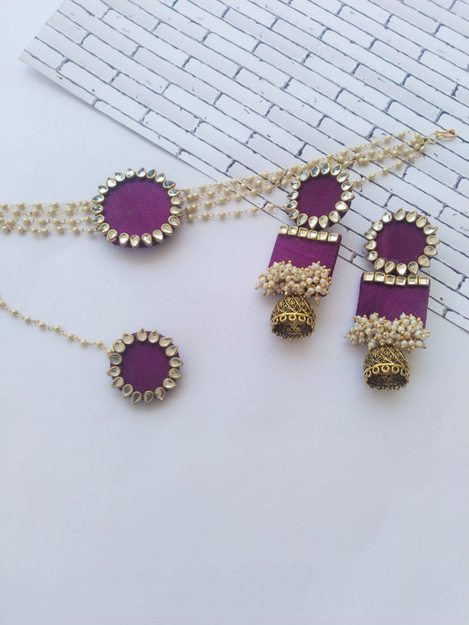 Wine Purple Golden Choker Earrings And Mangtika Set