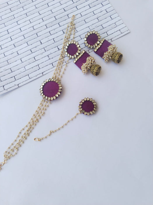 Wine Purple Golden Choker Earrings And Mangtika Set