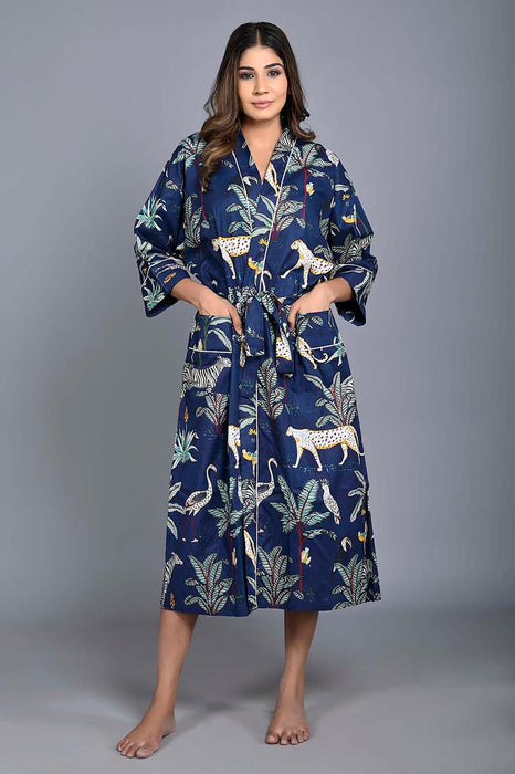 Animal Pattern Kimono Robe Long Bathrobe For Women (Blue)-KM-151