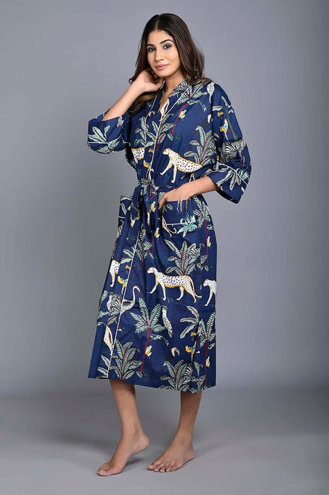 Animal Pattern Kimono Robe Long Bathrobe For Women (Blue)-KM-151