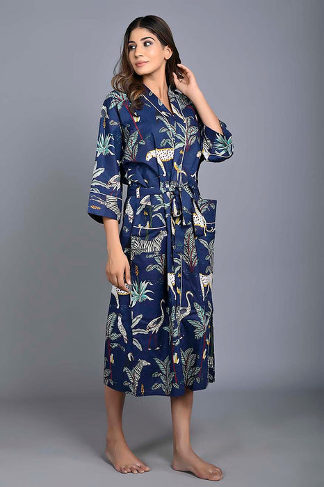 Animal Pattern Kimono Robe Long Bathrobe For Women (Blue)-KM-151