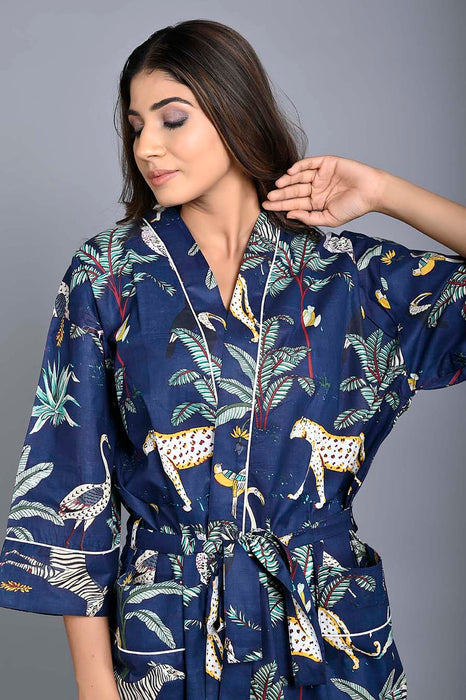 Animal Pattern Kimono Robe Long Bathrobe For Women (Blue)-KM-151