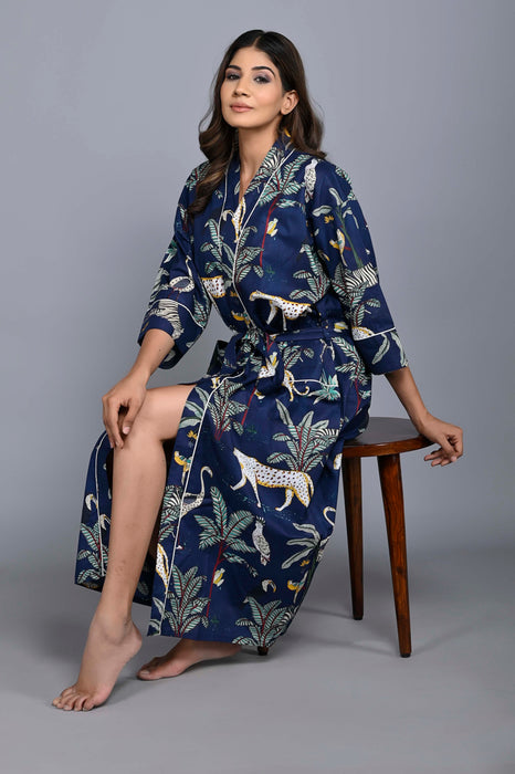 Animal Pattern Kimono Robe Long Bathrobe For Women (Blue)-KM-151