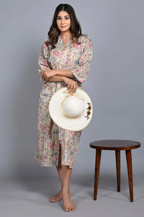 Floral Pattern Kimono Robe Long Bathrobe For Women (Multi)-KM-149