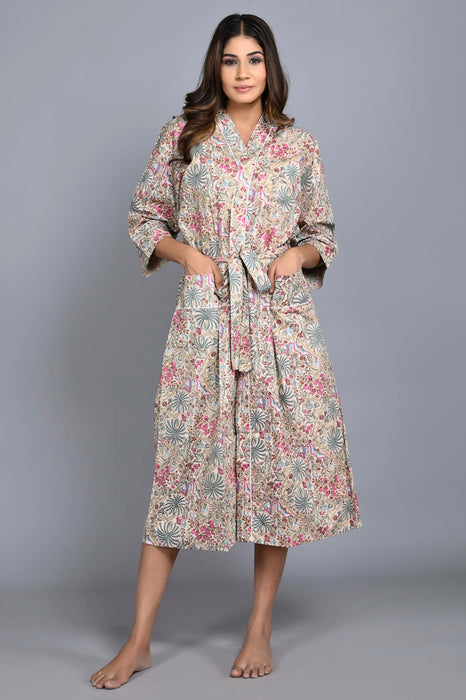 Floral Pattern Kimono Robe Long Bathrobe For Women (Multi)-KM-149