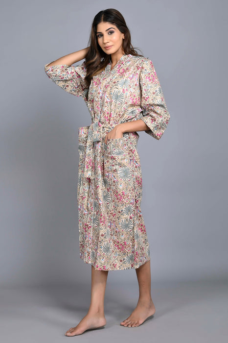 Floral Pattern Kimono Robe Long Bathrobe For Women (Multi)-KM-149