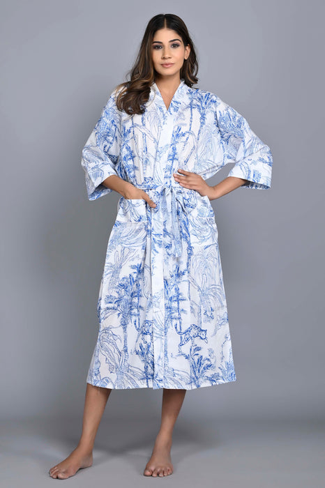 Jungle Pattern Kimono Robe Long Bathrobe For Women (White)-KM-150