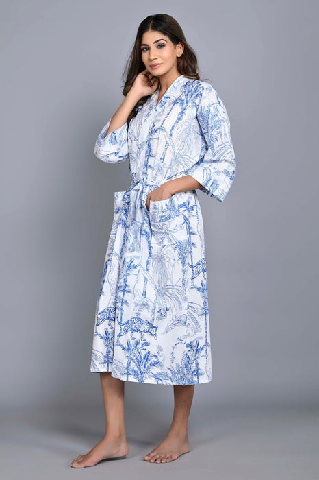 Jungle Pattern Kimono Robe Long Bathrobe For Women (White)-KM-150