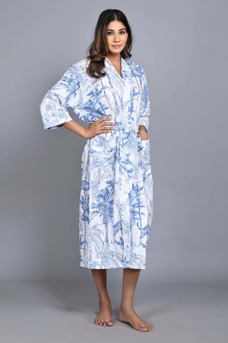 Jungle Pattern Kimono Robe Long Bathrobe For Women (White)-KM-150