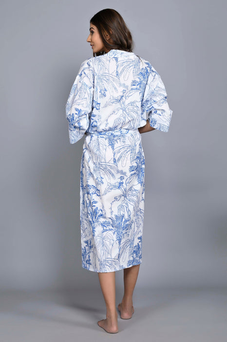 Jungle Pattern Kimono Robe Long Bathrobe For Women (White)-KM-150