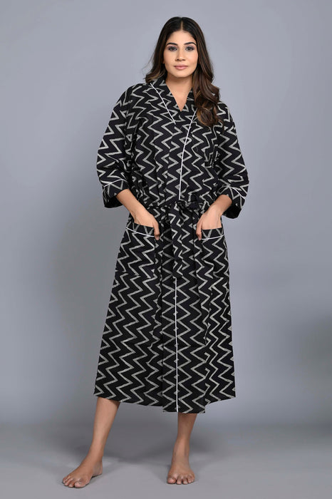 Zig Zag Pattern Kimono Robe Long Bathrobe For Women (Black)-KM-148