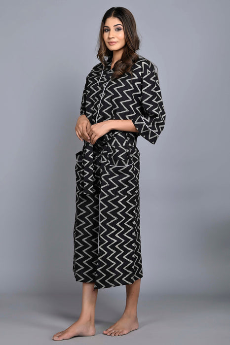 Zig Zag Pattern Kimono Robe Long Bathrobe For Women (Black)-KM-148