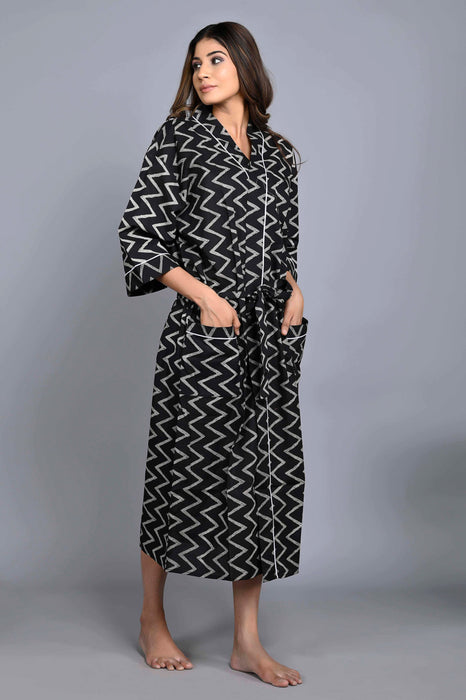 Zig Zag Pattern Kimono Robe Long Bathrobe For Women (Black)-KM-148