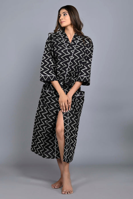 Zig Zag Pattern Kimono Robe Long Bathrobe For Women (Black)-KM-148