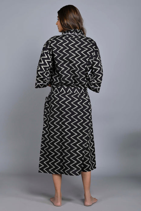 Zig Zag Pattern Kimono Robe Long Bathrobe For Women (Black)-KM-148