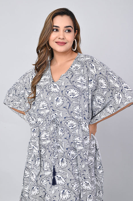 Shoolin Blue Cotton Kaftan Printed Midi Dress- KF-6