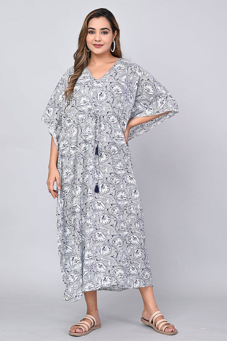 Shoolin Blue Cotton Kaftan Printed Midi Dress- KF-6