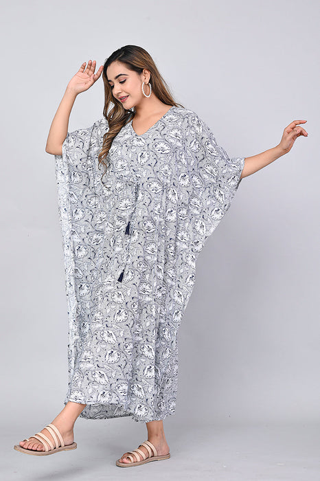 Shoolin Blue Cotton Kaftan Printed Midi Dress- KF-6