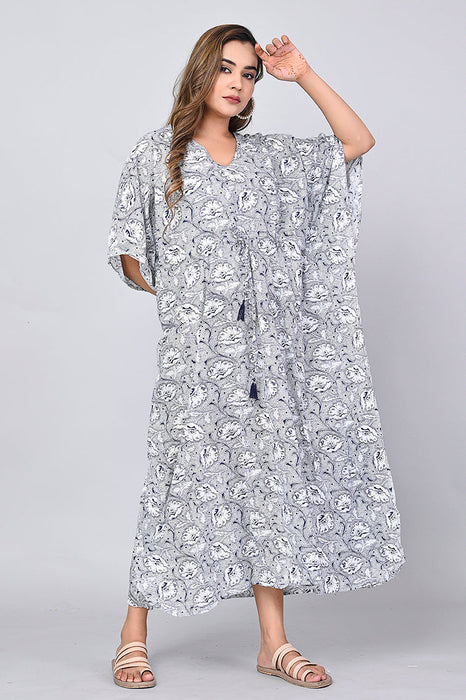 Shoolin Blue Cotton Kaftan Printed Midi Dress- KF-6