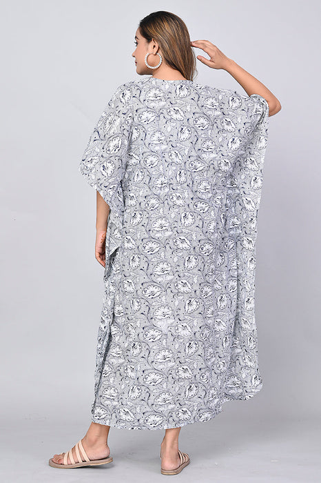 Shoolin Blue Cotton Kaftan Printed Midi Dress- KF-6