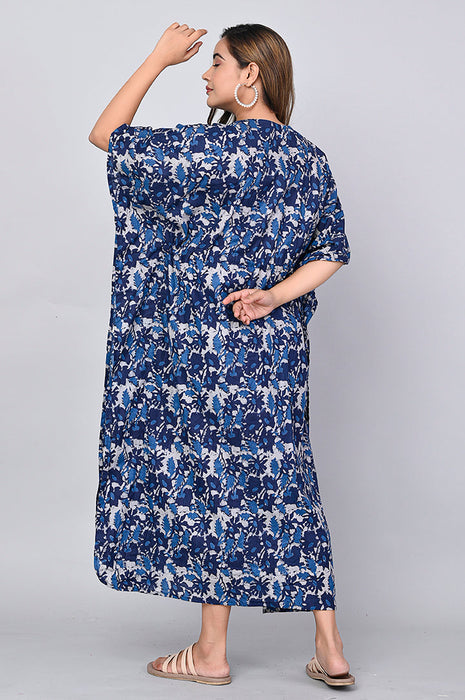 Shoolin Navy Blue Cotton Kaftan Printed Midi Dress- KF-11