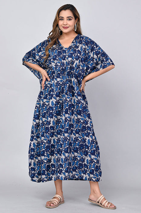 Shoolin Navy Blue Cotton Kaftan Printed Midi Dress- KF-11