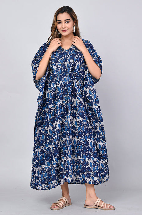 Shoolin Navy Blue Cotton Kaftan Printed Midi Dress- KF-11