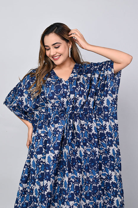 Shoolin Navy Blue Cotton Kaftan Printed Midi Dress- KF-11