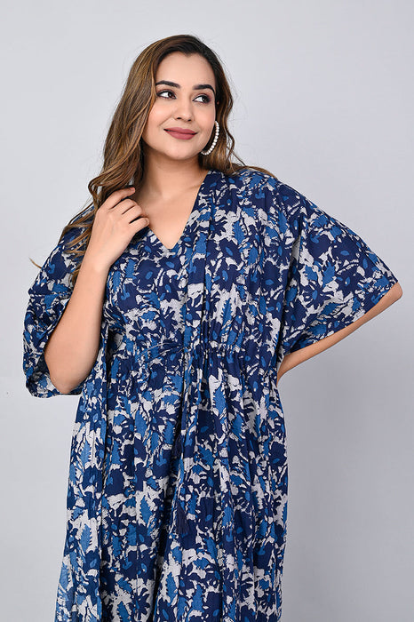 Shoolin Navy Blue Cotton Kaftan Printed Midi Dress- KF-11